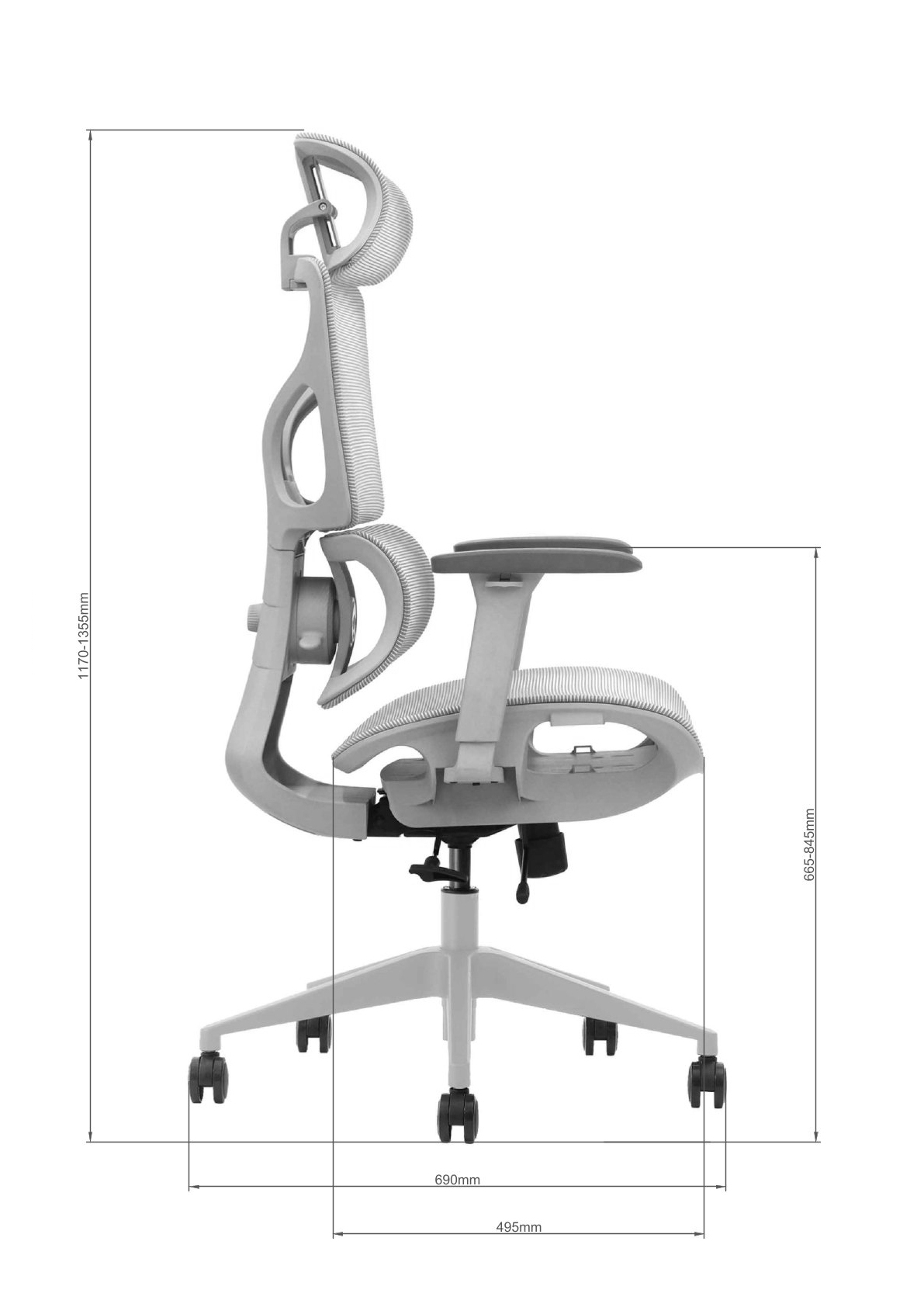 Schemat wymiarów fotela BIONIC AIR - widok z boku